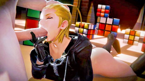 Blonde anime Larxene cosplay girl giving intense blowjob in leather jacket