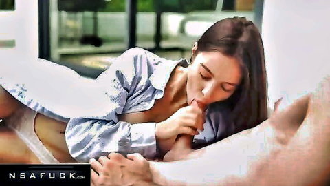 Brunette with big tits in open shirt sucking hard cock passionately