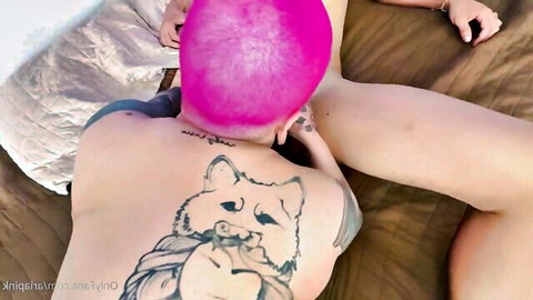 Mari Mott pink-haired tattooed back in homemade mommy roleplay boob tease