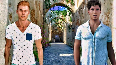 Maayon Plays: Two muscular guys teasing in open shirts, outdoor pathway
