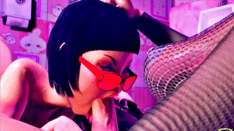 Cartoon Lilith topless in fishnet stockings, teasing in pink bathroom