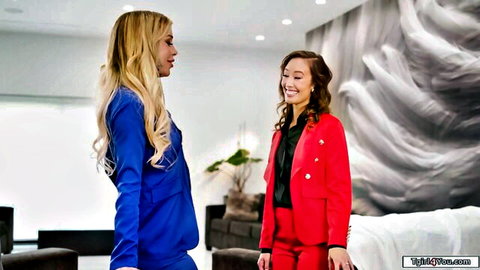 Busty tgirl lawyer in blue suit talks with Asian rival in red suit