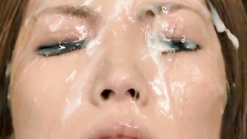 Asian beauty with thick facial cumshot, eyes closed in ecstasy