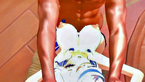 Muscular tanned hunk grabs bunny girl's fluffy white tits in steamy hentai scene