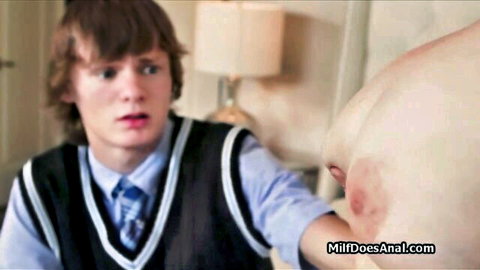 Shocked schoolboy in uniform stares at MILF's big pale ass and exposed anus close-up