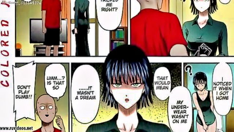 Fubuki in hentai panels, black-haired woman in dress chats with bald man and green-haired Fubuki