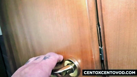 Alex Magni's tattooed hand gripping door handle in teaser for anal action