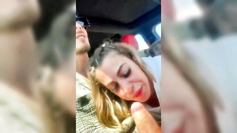 Blonde sucking big cock in car and swallowing cum