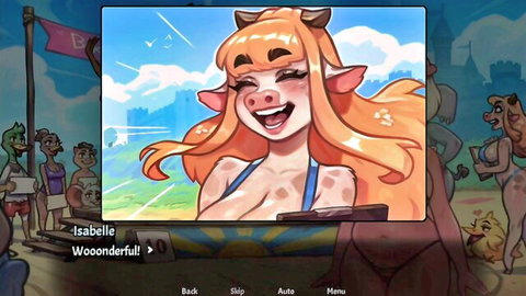 Blonde anthro cow girl Isabelle smiling in revealing bikini, curvy figure