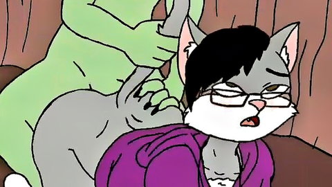 Green furry creature anally fucking bent-over gray cat furry boy in glasses and purple hoodie 3D gay porn