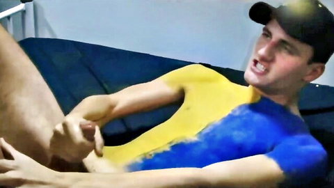 Muscular Michigan boy body painted yellow and blue masturbating solo HD