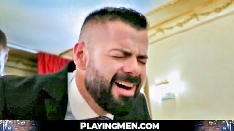 Bearded boss in suit moans during intense anal domination of employee