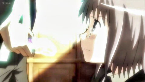 Cute anime schoolgirl with glasses smiling in hentai scene from Koe de Oshigoto