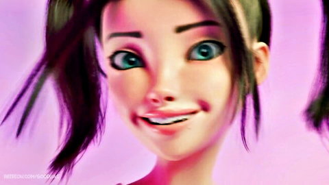 Naughty Jez smiling playfully with green eyes and brunette pigtails