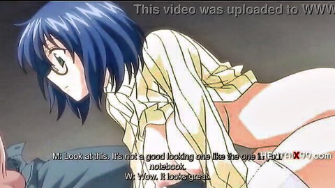 Blue-haired anime girl in open white shirt exposing curves, drawing scene from hentai