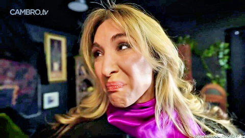 Blonde beauty Aurora pouts jealously in sultry close-up, elegant scarf tease