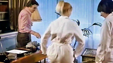 Vintage busty blondes in white outfits teasing with man in classic threesome setup