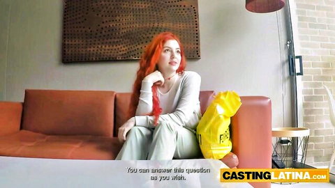 Pale redhead Hispanic amateur in casual casting interview