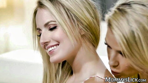 Blonde MILF Kit Mercer embraces stepdaughter Scarlett Sage in intimate lesbian moment
