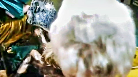 Blurry vintage blonde gets messy facial cumshot from green-handed man