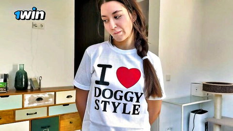 Brunette step sis in 'I Love Doggystyle' t-shirt, seductive tease before missionary creampie