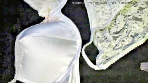 Amateur sissy crossdresser pantyboy66 in white satin bra and lace panties with big cock bulge