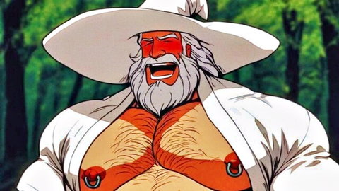 Anime muscular old wizard laughs exposing hairy chest and pierced nipples