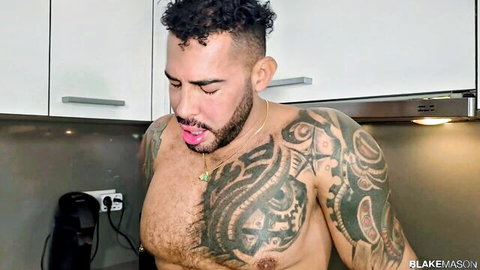 Tattooed muscular Viktor Rom shirtless, bulging in pink briefs