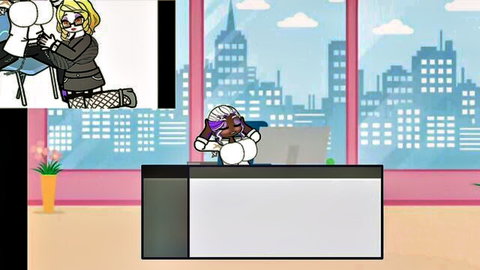 Anime office ladies: blonde in suit uses toy on purple-haired beauty