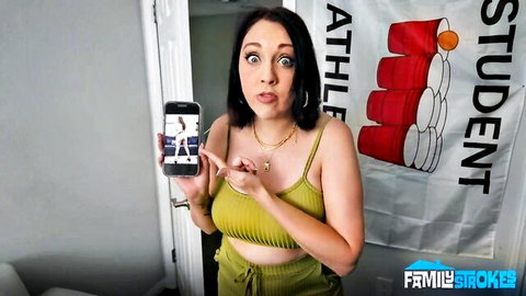 Curvy stepmom surprised, catching stepson jerking off on phone, FamilyStrokes scene