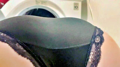 Curvy girl stuck in washing machine, black lace panties pulled down exposing big ass
