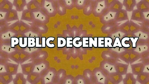 Public Degeneracy Volume 14 title card on colorful pattern background