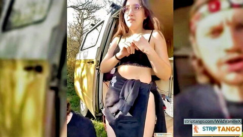 WildVanilleX in black lingerie teasing outdoors by yellow van at stripTango