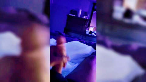 Blurry dad solo masturbation in purple-lit bedroom, stroking large schlong