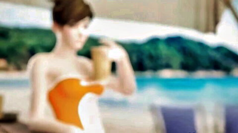 Tracer in orange bikini holding drink on beach, Overwatch animation