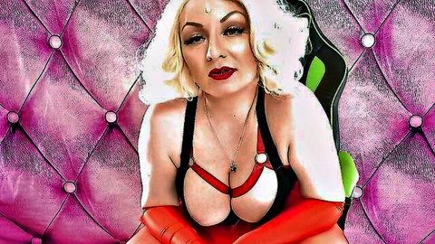 Blonde FemDom in lingerie and red gloves for sissy training POV dirty talk video
