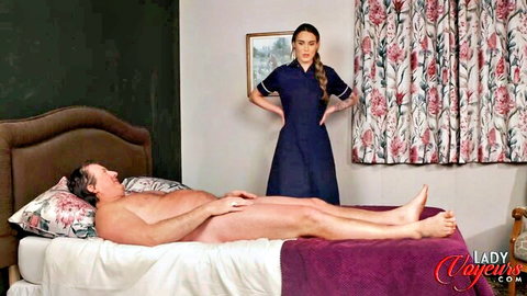 Hattie Grace in nurse dress watches naked old man in CFNM scene