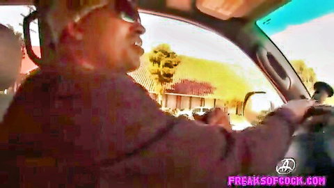 Chubby black man driving in sunglasses, massive interracial cock tease