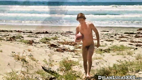 Brunette Justin Owen nude on beach, big cock jerk off solo