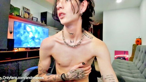 Andrew Round shirtless solo tease, slim tattooed guy with huge dick