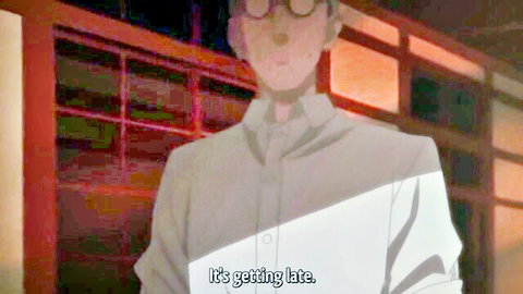 Hentai anime teacher with glasses stands clothed in red-lit classroom as it's getting late