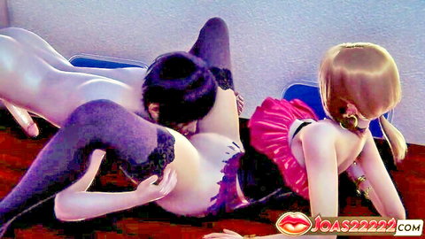 Anime hentai girl in purple stockings performs cunnilingus on blonde babe's exposed shaved pussy