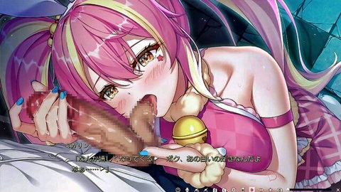Anime girl with pink hair giving blowjob in frilly pink dress