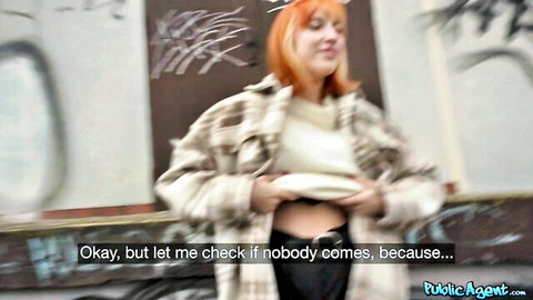Skinny redhead flashes shaved innie pussy and small tits outdoors in public alley