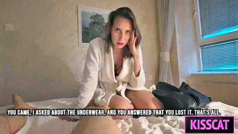 Hot stepmom in open robe teases about lost underwear on bed