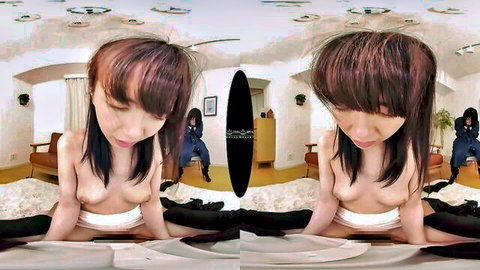 Asian woman topless in VR POV, sitting with legs spread in stockings and panties