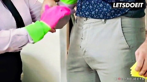 Jarushka Ross Czech MILF in pink gloves gripping man's arm in erotic cleaning scene