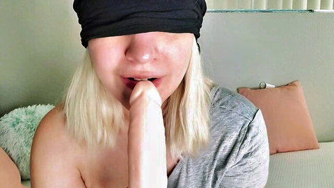 Lalunalewd blindfolded blonde sucking white dildo in truth or dare