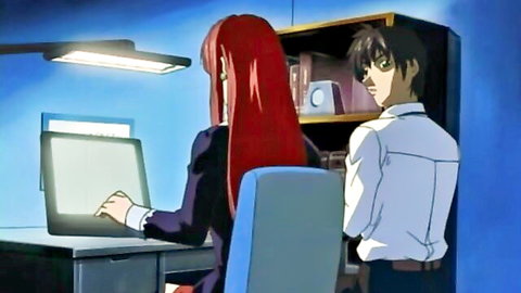 Red-haired anime woman at computer with male behind in Bible Black hentai Ep.5