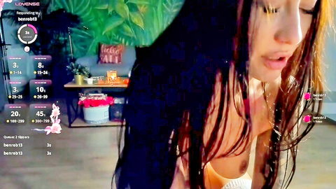 Pinkyishere busty Asian cam girl close-up cleavage in white top